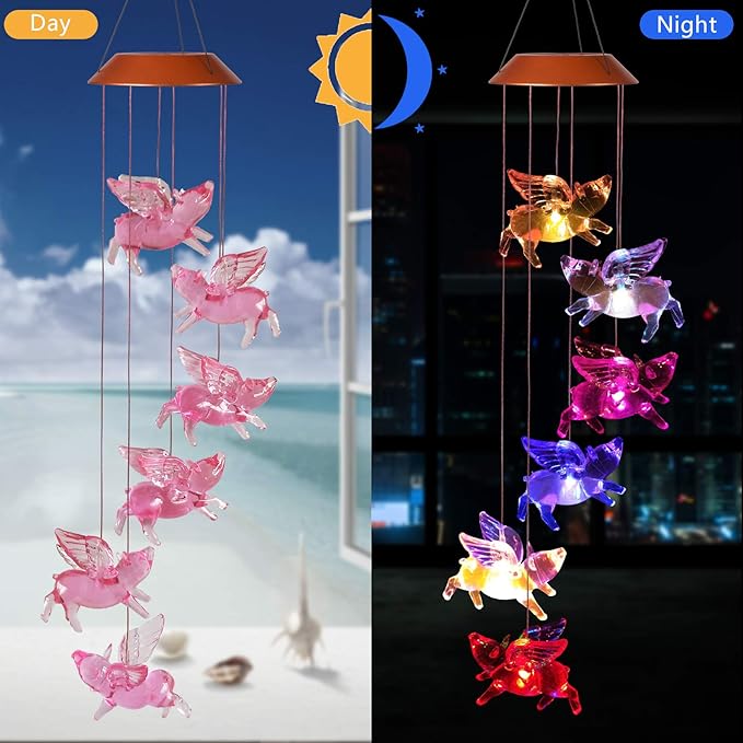 LED Solar Fly Pigs Wind Chimes Outdoor - Waterproof Solar Powered LED Changing Light Color 6 Flying Pigs Mobile Romantic Wind-Bell for Home, Party, Festival Decor, Night Garden Decoration