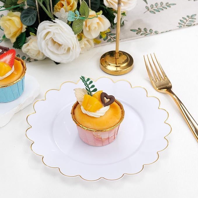 SUT 72Pcs Plastic Plates-7.5inch White Dessert Plates with Gold Trim, White Disposable Plates, Disposable Plates,Fancy Plastic Plates, Heavy Duty Plastic Plates for Wedding & Parties