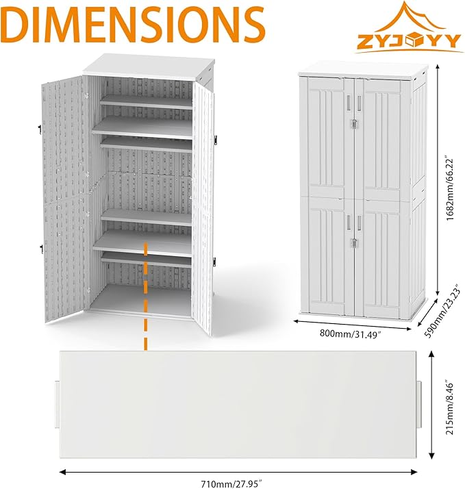 Outdoor Storage Cabinet with 4 Shelves,31.5" x 23.23" x 66.22" White Waterproof Shed,Waterproof Resin Vertical Tool Shed, Lockable 30 cu.ft. Storage Shed for Patio, Garden, Yard, White