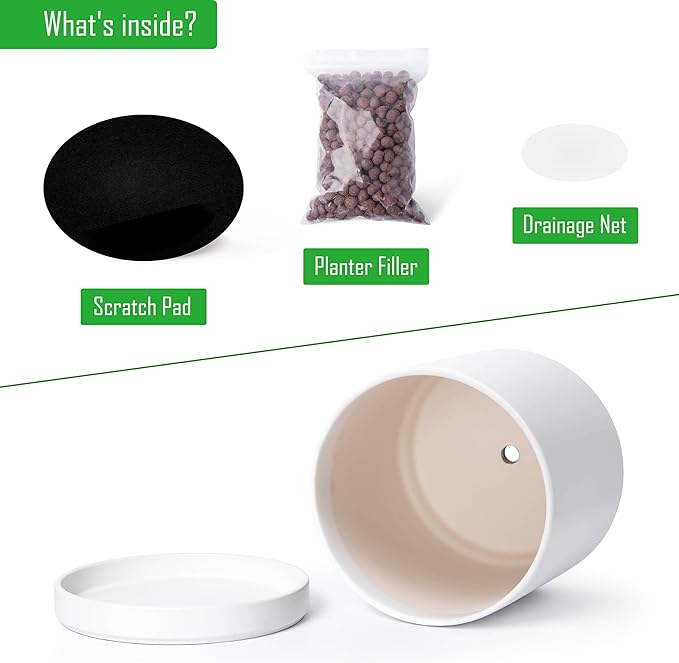 D'vine Dev 14 Inch Ceramic Planter Pot with Drainage Hole and Saucer, Indoor Cylinder Round Planter Pot, White, 94-O-G-1