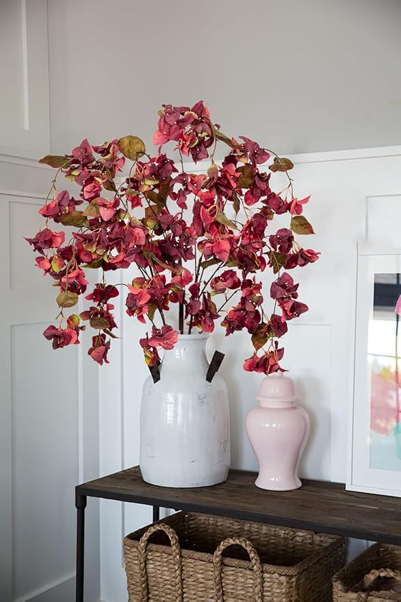 Artificial Bougainvillea Branches 47" Long Wisteria Vines Trailing Artificial Flowers for Front Door Porch Planter Urn Patio Balcony Drooping Flowers Dark Mauve Bugambilias for Planters