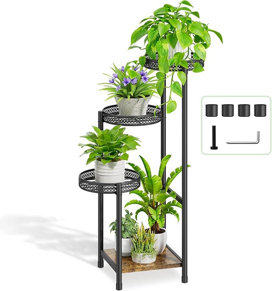 Plant Stand Indoor Outdoor, 4 Tier Metal Flower Pot Shelf Holder Clearance, Tall Corner Rack for Multiple Plants, Modern Organizer Display for Patio Orchid Office Porch Living Room Garden, Black