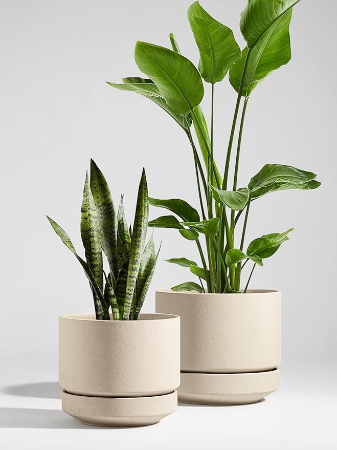 LE TAUCI 12 Inch Pots for Plants with Saucer | Ceramic Outdoor & Indoor Planter Pot for Plants | Drainage Hole, Mesh Pad & Plug | Unglazed Porous | Modern for Home, Office and Patio – Speckled Oat