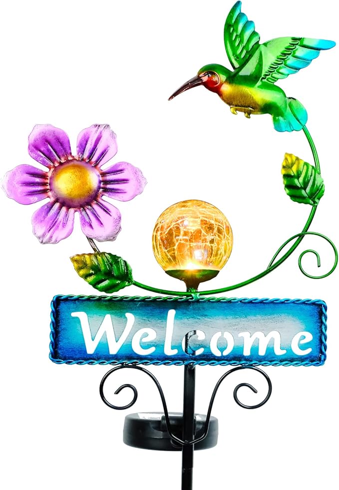 Outdoor Solar Garden Lights with Welcome Sign, Hummingbird Ornament Metal Stake Lights for Lawn, Patio, Cracked Glass Balls (Hummingbird)