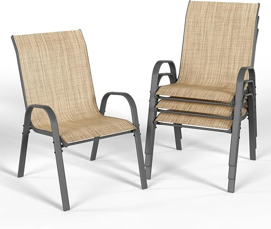 Patio Dining Chairs Set of 4, Stackable Dining Chairs High Back, Breathable Seat Fabric and Alloy Steel Frame Fit Backyard, Porch, Lawn，Poolside (Beige)