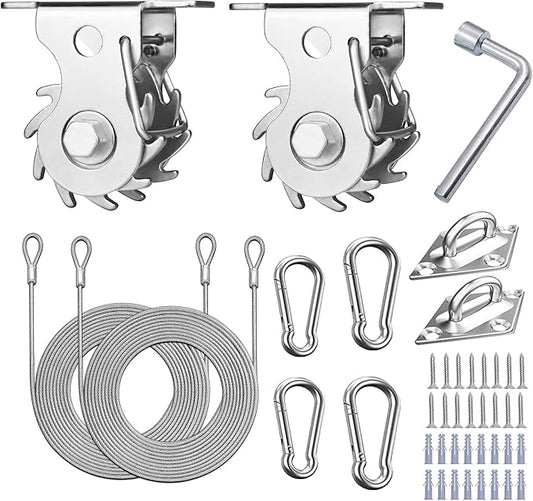 Shade Sail Hardware Kit with Ratchet Winch Wire Tensioner for Rectangle/Triangle Shade Sail Installation, 304 Grade Stainless for Garden, Outdoors (Winch + Hardware Kit + Cables)