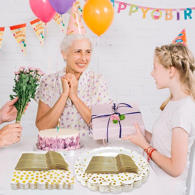 White and Gold Paper Plates and Napkins,7 Inch White and Gold Scalloped Disposable Dessert Plates Paper Napkin Fork Party Supplies for Wedding Baby Shower Birthday(25 Guest)