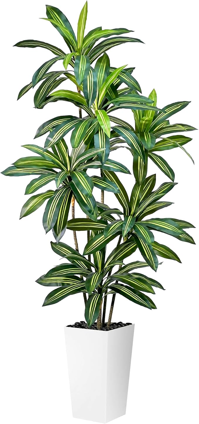 Artificial Dracaena Tree 6FT Tall Fake Plant with White Pot - Realistic Faux Dragon Tree with Tall Planter - Indoor Floor Plant for Home, Office,Mall, Living Room, Bedroom Decor (White - Planter, 6ft)