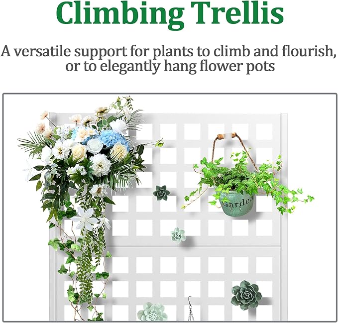 Metal Raised Garden Bed with Trellis, 2 in 1 Trellis with Planter Box & Privacy Screen for Climbing Plants, Vine, Outdoor Standing Flower Beds with Drainage Holes, 35.4"L x 16.7"W x 70.8"H, White