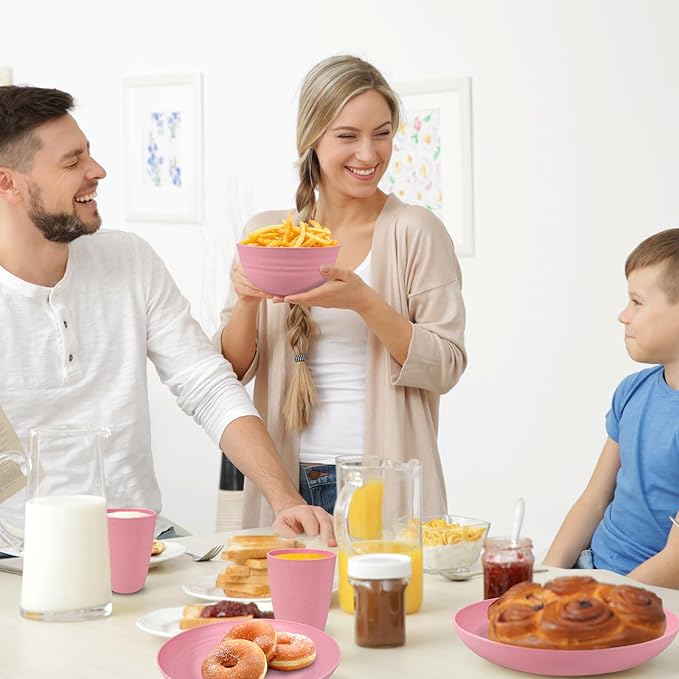 Kitchen Wheat Straw Dinnerware Sets (33pcs) Attached cleaning brush,Service For 8,Plastic Plates and Bowls Sets,Unbreakable Dinnerware,Lightweight Plastic Plate Set (pink)