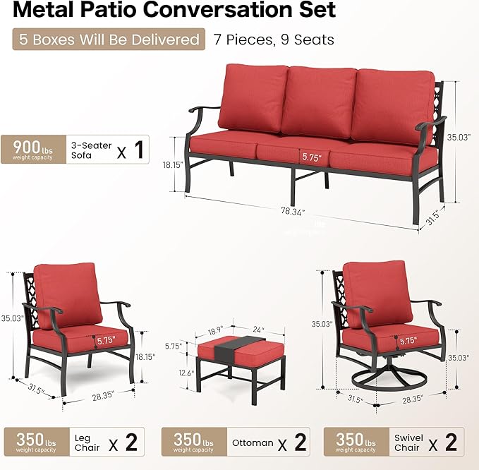 7 Piece Metal Outdoor Patio Furniture Set, Patio Conversation Sets 1 3-Seater Sofa, 2 Fixed Chairs, 2 Swivel Chairs, 2 Ottomans with 5.75" Thick Cushion, Black Backyard Furniture, Red