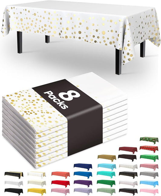 Pureegg Plastic Table Cloth Disposable 8 Pack, 54 x 108 Inch Table Cloths, Graduation Decorations Class of 2025, Graduation Tablecloths, Rectangle, Plastic Cover, Leakproof & Sturdy, White and Gold