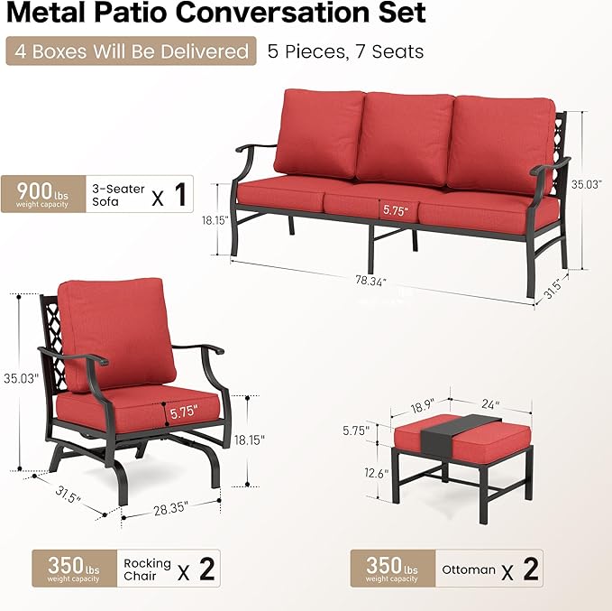 7 Piece Metal Outdoor Patio Furniture Set, Patio Conversation Sets 3-Seater Sofa, 2 Rocking Chair, 2 Ottomans with 5.75" Thick Cushion, Black All-Weather Frame Backyard Furniture, Red