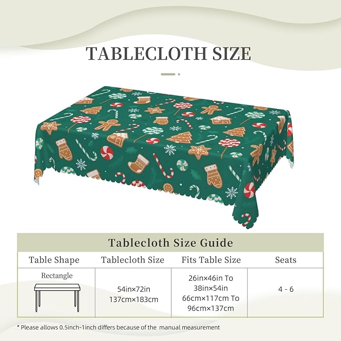 Christmas Candy Cane Tablecloth for Dining Tables, Reusable Snowflake Cookies Table Cloths Tabletop Decoration Holiday Green Xmas Tree Rectangle Table Cover for Home,Kitchen,Party,54x72Inch