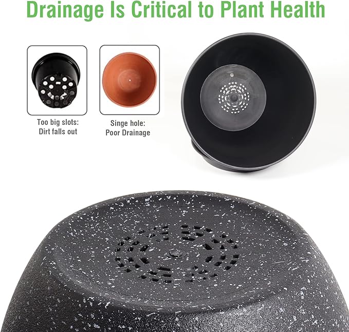 Modern Plant Pots Set, 9/8/7.5 inch Plastic Planters for Indoor Plants, Stylish Flower Pots with Drainage Holes and Saucers for House Plants and Flowers, Black Speckles