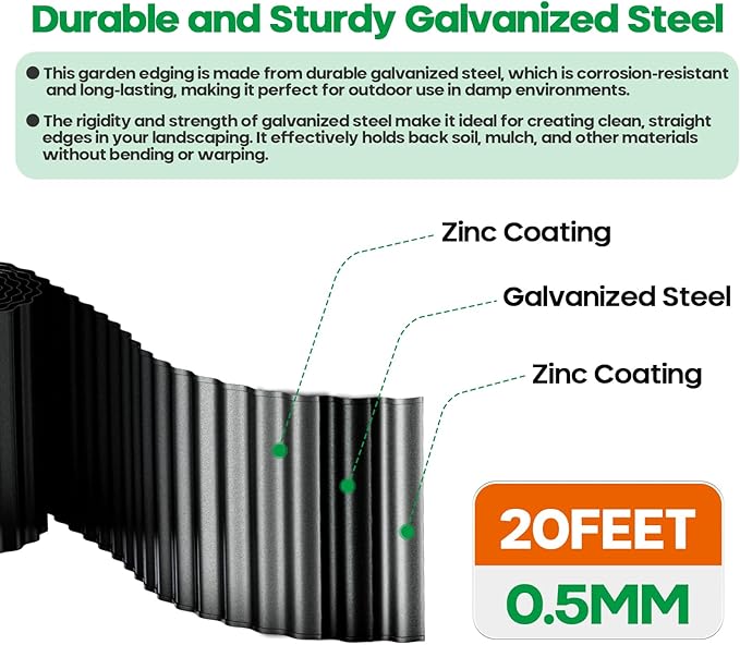 Corrugated Metal Garden Edging, Sturdy Tall Landscape Edging Borders, Perfect DIY for Flower Beds, Lawn and Pathway, Tree Surrounds, Paver Edges (Black, 8"×20FT)