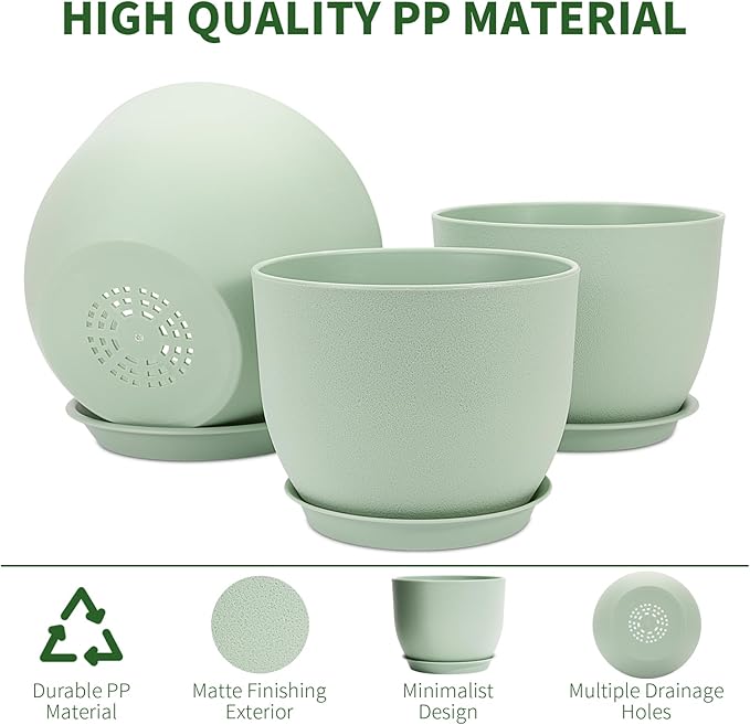 GARDIFE 12/10/9 inch Plant pots, Plastic Large planters for Indoor Plants, Flower pots, Green