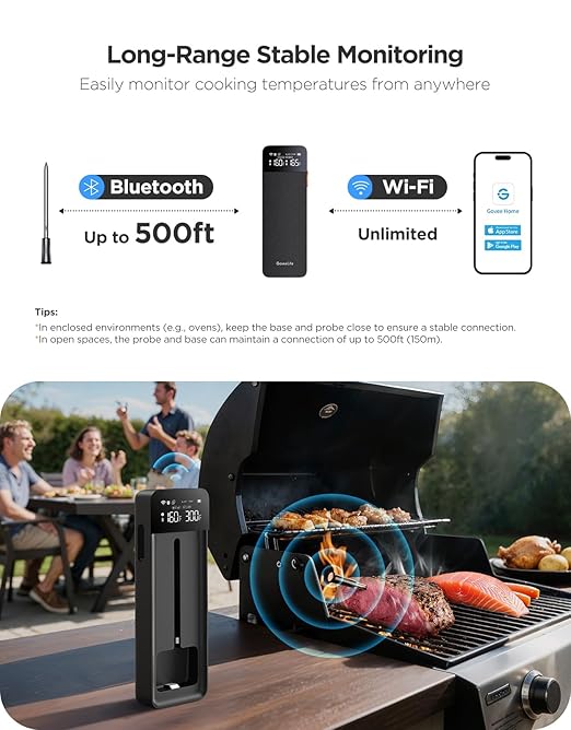 GoveeLife Bluetooth Wireless Meat Thermometer with Digital Standalone LCD Base | WiFi Unlimited Range | ±1.8℉ Accuracy | Food Grade Internal Ambient Sensor Probes for Kitchen, BBQ, Grill, Oven, Smoker