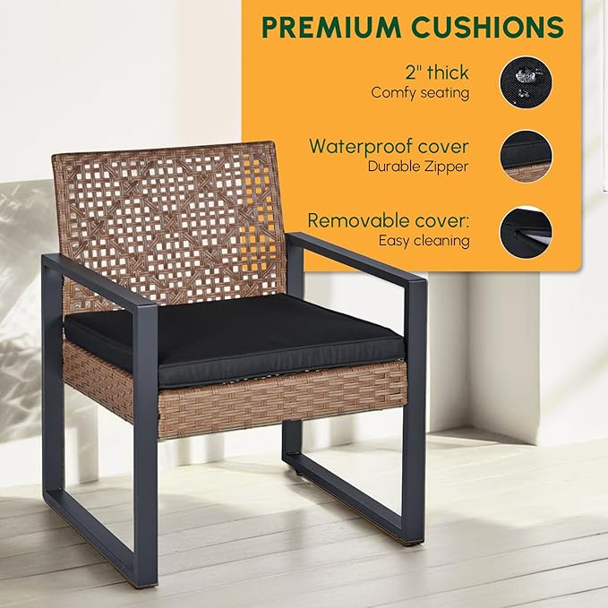 BEEFURNI Wicker Patio Furniture Outdoor Conversation Set of 4, Acacia Wood Table, 2 Rattan Chairs, 1 Loveseat, 2” Cushions, All-Weather, Easy Assembly, 1-Year Manufacturer Warranty (Brown)