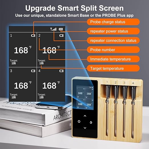4 Probes Wireless Meat Thermometer, Bluetooth Digital Food Thermometer for BBQ, Grill, Oven, Smoker, Long Range and Rechargeable Base with Real-time Alerts, Cooking Gifts for Men
