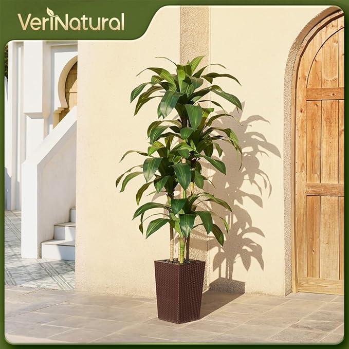 6FT Artificial Dracaena Tree - UV Resistant Faux Tropical Plant, Potted Fake Tree with Taper Planter & Pebbles - Indoor Outdoor Greenery for Home, Porch, Living Room, Bedroom Decor, VN127