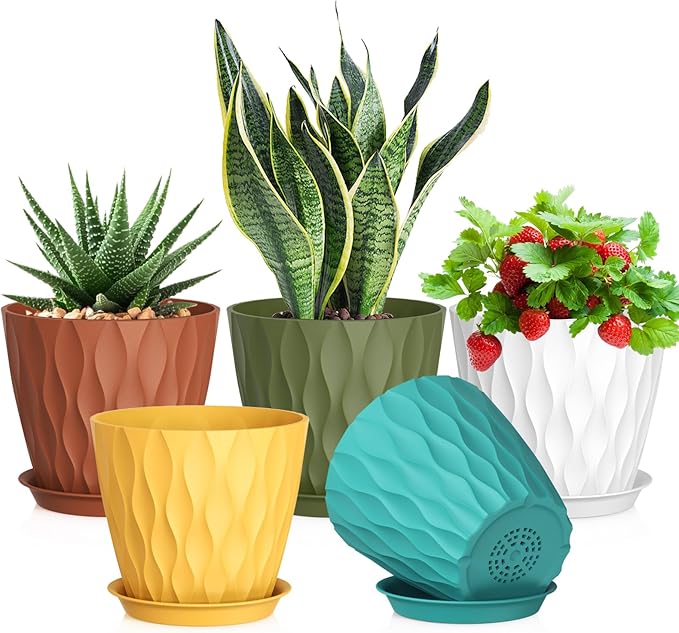 7 inch Plant Pots for Indoor Outdoor Plants, 5 Pack Thick Nursery Pots with Drainage Holes and Saucers, 3D Modern Wave Texture Plastic Planter Pots for Flowers and House Plants, Multicolor