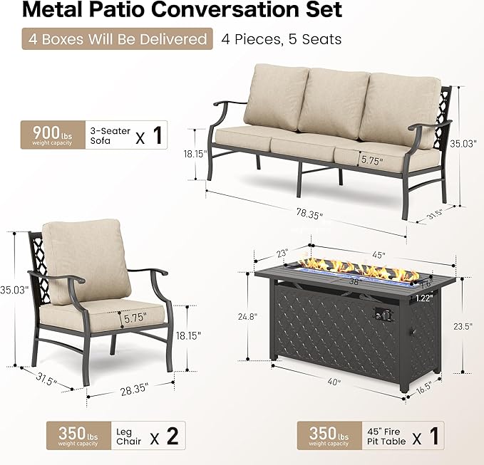 Patio Furniture Set with Firepit Table, 4 Piece Metal Outdoor Patio Furniture, 2 Single Chairs and 3 Seater Sofa with 5.75" Extra Thick Cushion and Gas Firepit Table for Backyard Deck