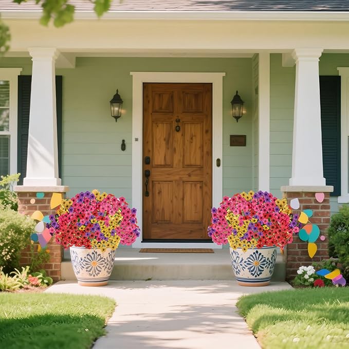 14 Bundles Artificial Flowers UV Resistant for Patio Outdoors Fake Faux Silk Plants Realistic Plastic Flowers Indoors Porch Window Home Decoration (14, Mixed Fuchsia Purple Yellow Red)