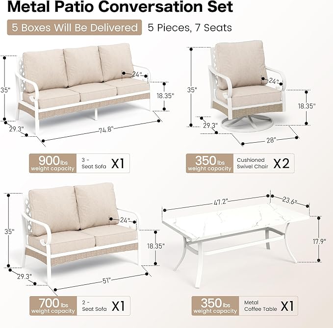 6 Piece Metal Outdoor Patio Furniture Set, Patio Conversations Set 3-Seater Sofa, 2-Seater Sofa, 2 Swivel Chair with 5.75" Thick Cushion & Coffee Table White Backyard Furniture, Beige