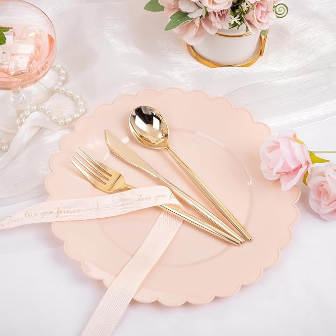 SUT 72-Count Pink Plastic Plates Disposable 10.25 Inch - Scalloped Edge Dinner Plates for Valentine’s Day, Parties, Birthdays, Weddings | Lightweight & Durable Disposable Dinnerware (72 Pack)