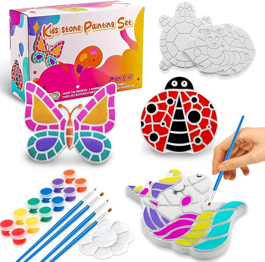 Stepping Stones Painting Kit for Kids Ages 4-12 - 5 Pack Paint Your Own Garden Stones with Butterfly, Unicorn & Ladybug Designs, Outdoor Art & Craft Activity Set, Creative Summer Gift for Boys & Girls