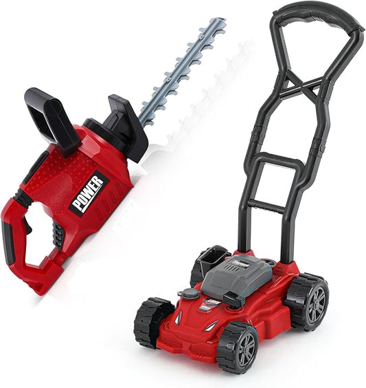 2 Pcs Toy Gardening Tool Set for Kids Toy Hedge Trimmer, Push Lawn Mower Battery Powered Gardening Tool Set with Lights and Sounds Gift for Boys Girls