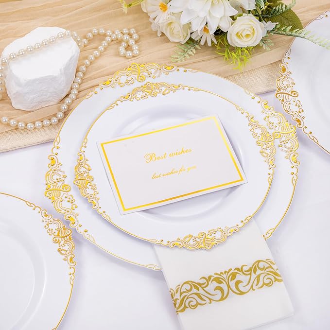 Hioasis 210pcs White and Gold Plastic Plates - Disposable Dinnerware Set Suitable for 30 Guests Include 10.25" Dinner & 7.5" Dessert Plates, Pre Rolled Silverware Set, Cups for Party & Thanksgiving