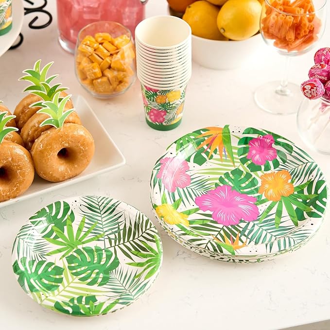 Royal Bluebonnet Luau Plates and Napkins - Set of 24 Tropical Party Supplies, Hawaiian Party Decorations, Disposable Tropical Plates for Hibiscus Luau Birthday, Hawaiian Floral Paper Products