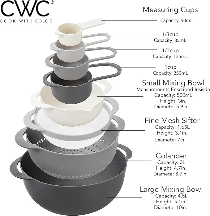 COOK WITH COLOR Nesting Bowls with Measuring Cups Colander and Sifter Set - Includes Mixing Bowls, Colander, Sifter and Measuring Cups, Gray, 8 Pc Bowl