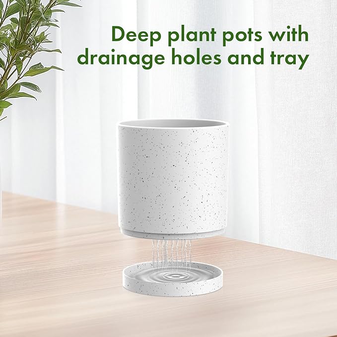 10/8/6 inch Deep Flower Pots, Cylinder Large Plant Pots for Outdoor Indoor Plants, 3 Pack Tall Plastic Planters with Drainage Holes and Saucers for Garden House Plants, Speckled White