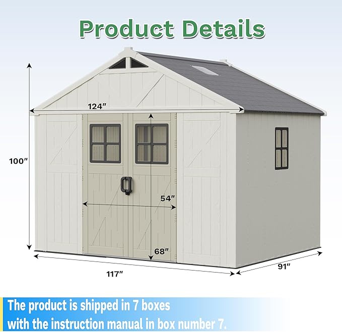 Greesum 10×8 FT Plastic Outdoor Storage Shed with Floor and Lockable Door, Resin Sheds with Windows and Skylights, Weather Resistant Organization for Garden, Lawn, Pool Supplies, Beige