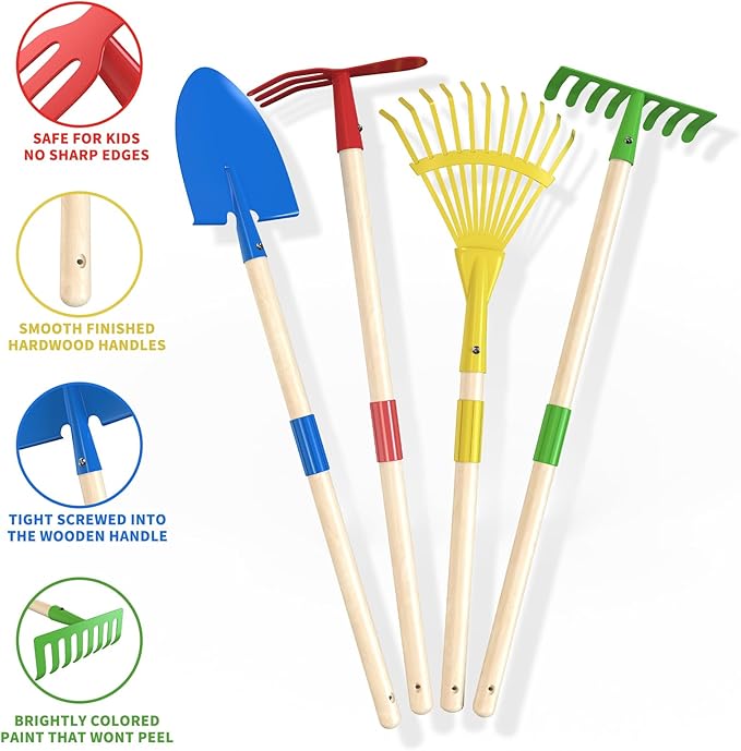 Kids Wheelbarrow Set with Gardening Tools Outdoor Backyard Garden Play for Toddlers Boys Girls 3-8, with Shovel, Rake, Leaf Rake, Easter Birthday Gifts (Green Garden Set)