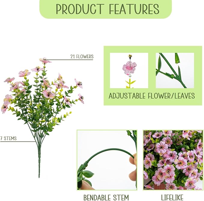 Artificial Flowers for Outdoors, 10 Bundles UV Resistant Artificial Outdoor Flowers, Not-Fading Silk Faux Flowers for Outdoor Planters for Home Garden Porch Decor, Pink