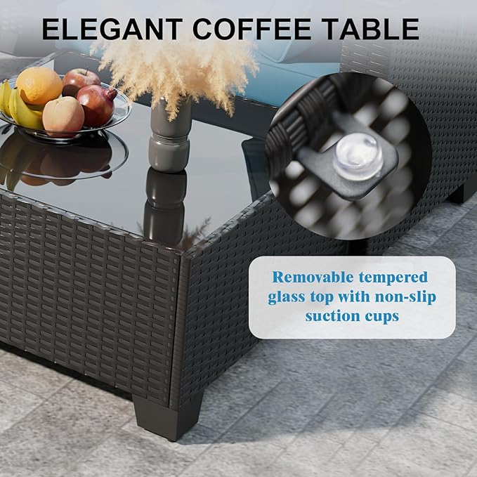 Patio Furniture Set with Fire Pit Table 28", 8-Piece Outdoor Furniture Set with Thick Cushions, Outside Wicker Sectional Sofa for Porch Garden Backyard, Coffee/Peacock Blue