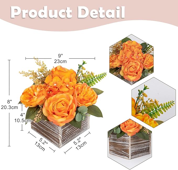 DILATATA Artificial Flower Arrangement, 8'' Orange Roses Peonies Hydrangeas in Wooden Planter, Rustic Fake Flowers in Pot for Home Decor Living Room - 1PC