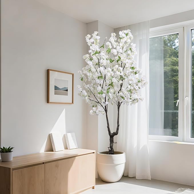 Artificial White Cherry Blossom Tree 6ft(72in) Faux Floor Green Plant for Indoor Decor Natural Potted Tree Realistic Cherry Flowers Wood Trunk for Home Living Room,Office Perfect Weeding Gift