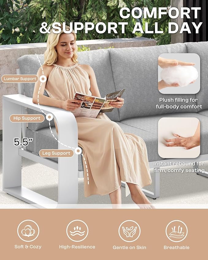 Aluminum Outdoor Patio Furniture Set 5 Piece, Oversized Patio Conversation Sets Widened Armrest & Ultra-Thick Cushions, Deep Seating Modern Sectional Furniture for Backyard, Porch, White