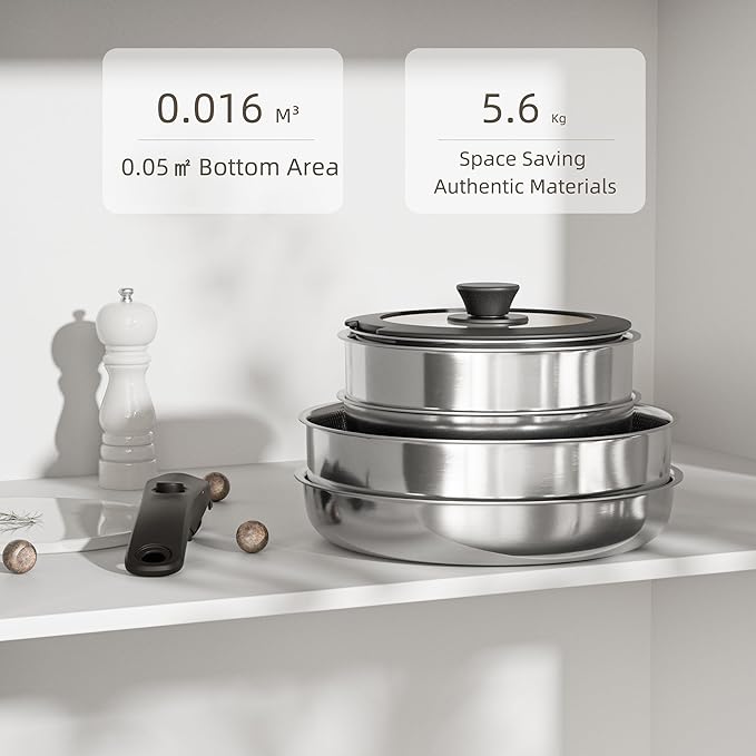 Caannasweis Detachable Nonstick Cookware Set - Stackable Induction Pots and Pans With Removable Handles, Dishwasher Safe - For RV Camping, Oven and Stovetop Use, 5 Pieces (Stainless Steel)