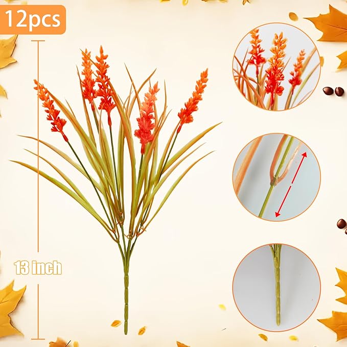 12 Bundles Artificial Fall Flowers for Outdoors Fake Fall Lavender Flowers UV Resistant Plastic Faux Fall Plants for Home Porch Autumn Fall Decorations (Orange)