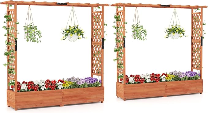 S AFSTAR 2 Pieces Raised Garden Beds with Arch Trellis, Hanging Roof & Drainage Holes, 77-Inch Vertical Plant Container for Vine Climbing Plant Flower, Outdoor Wood Elevated Planter Box for Garden