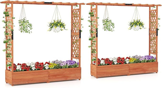 S AFSTAR 2 Pieces Raised Garden Beds with Arch Trellis, Hanging Roof & Drainage Holes, 77-Inch Vertical Plant Container for Vine Climbing Plant Flower, Outdoor Wood Elevated Planter Box for Garden