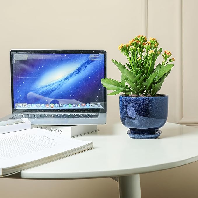 vicrays Ceramic Plant Pots Indoor - 6.8/5.5/4.3 Inch Planter Pot with Drainage Hole and Saucer for Succulent Orchid Flower Herbs Cactus - Gardening Home Desktop Office Decor – Set of 3 Blue