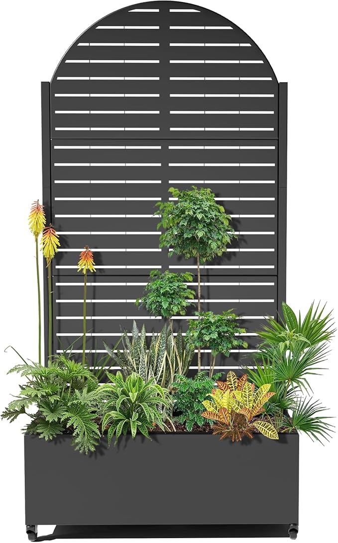 15.7"×70.9"×35.4" Metal Raised Garden Bed with Trellis and Wheels - Tall Trellis Planter Box for Climbing Plants, Vegetables & Vines - Outdoor Privacy Planters for Patio (Black-Louvered)