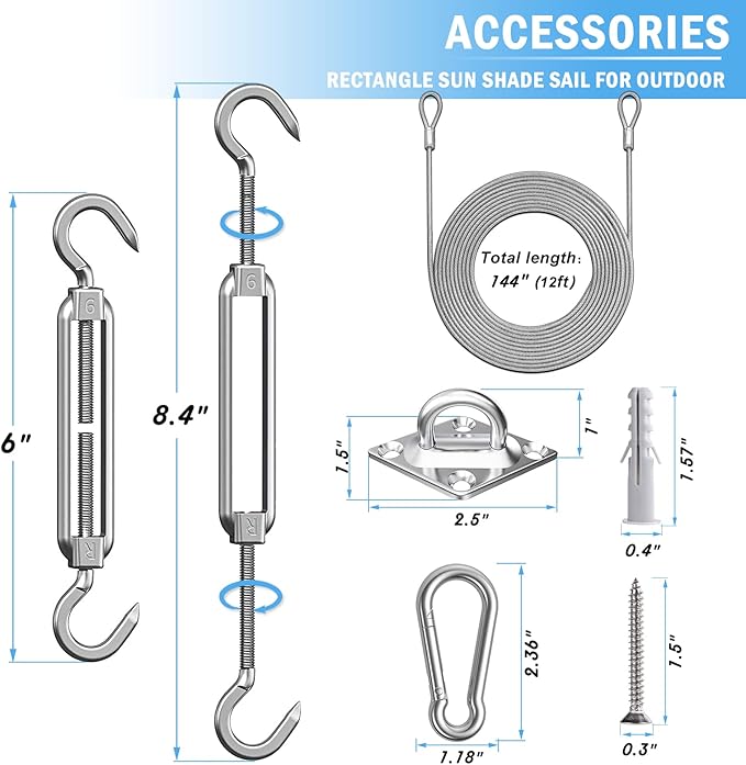 44 Pcs Shade Sail Hardware Kit with 304 Stainless Steel Wire for Rectangle Square Shade Sail Installation,6 inch Sun Shade Sail Hardware for Garden,Outdoors,DIY Crafts